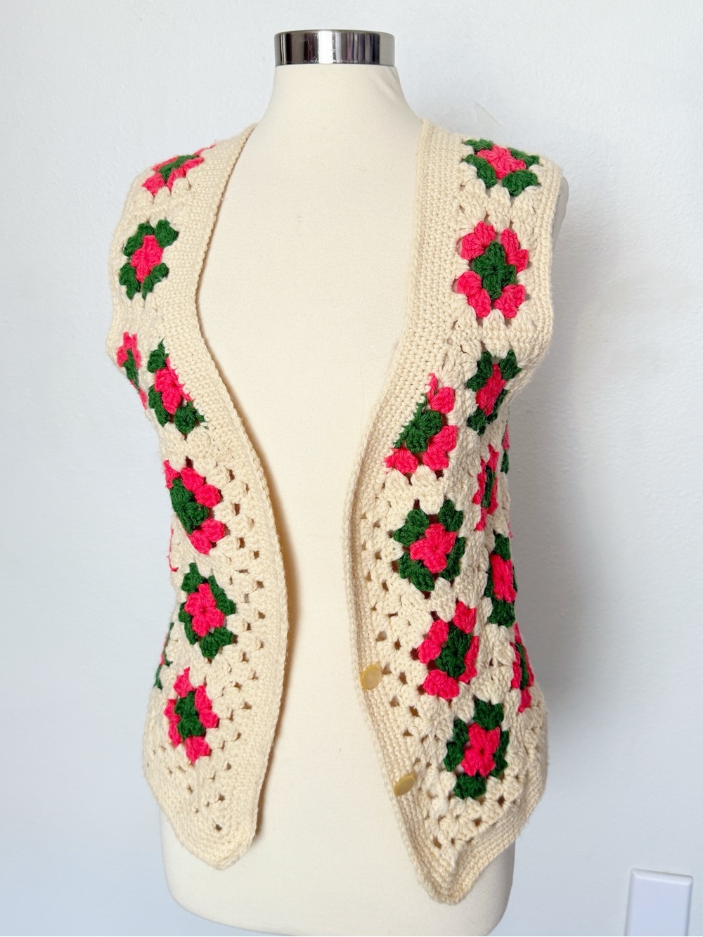 Vintage 70s Boho Hand Knit Granny Square Crochet Mother Of Pearl Buttoned Vest